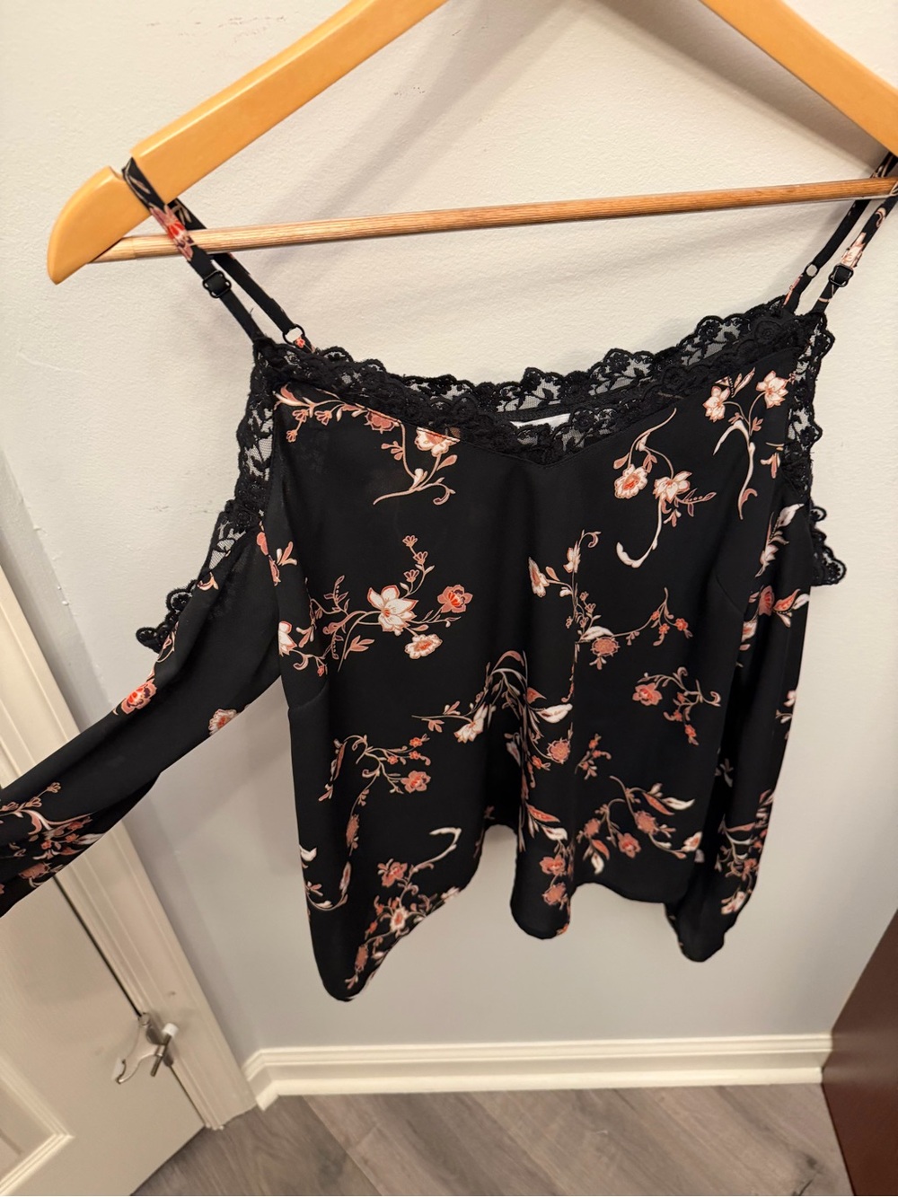 Black Floral Lace-Trim Cold Shoulder Top